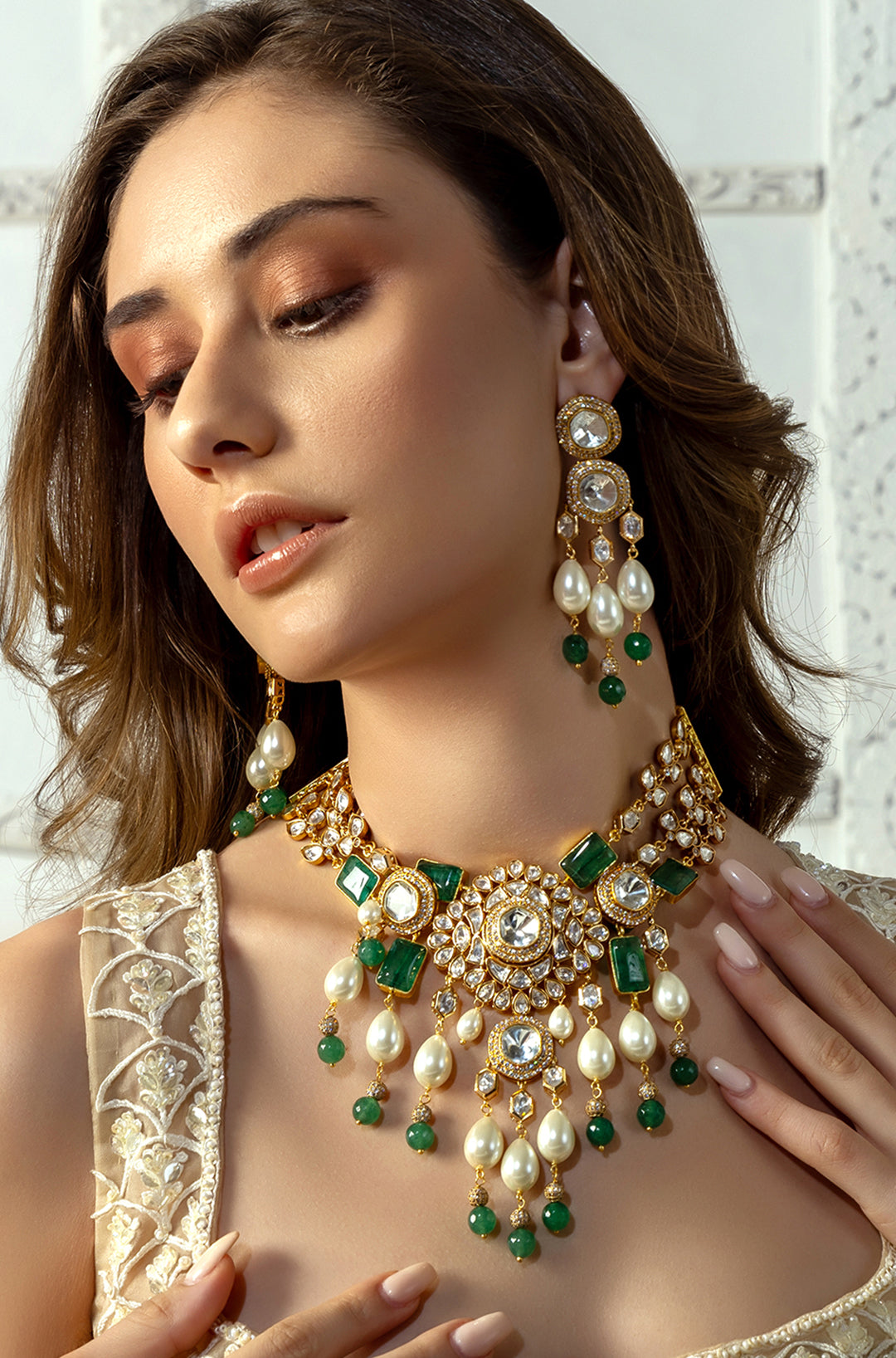 Bridal Necklace Set With Green Jades & Pearls