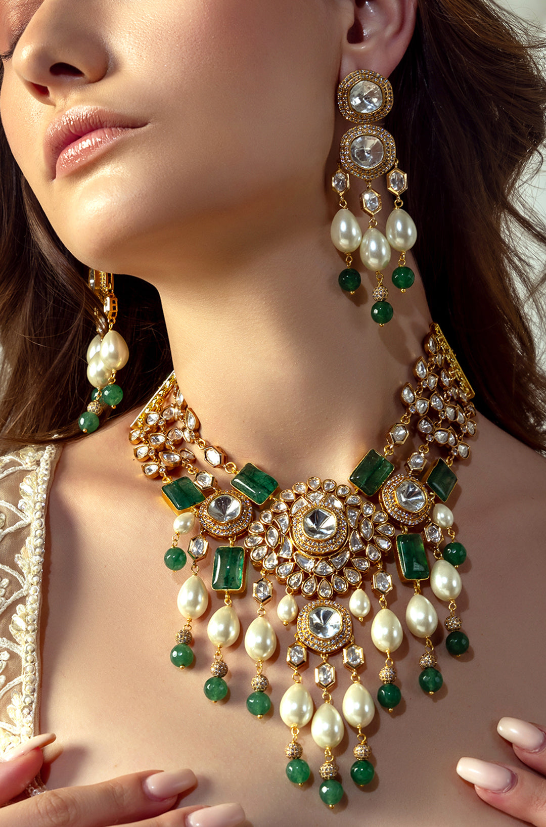 Bridal Necklace Set With Green Jades & Pearls