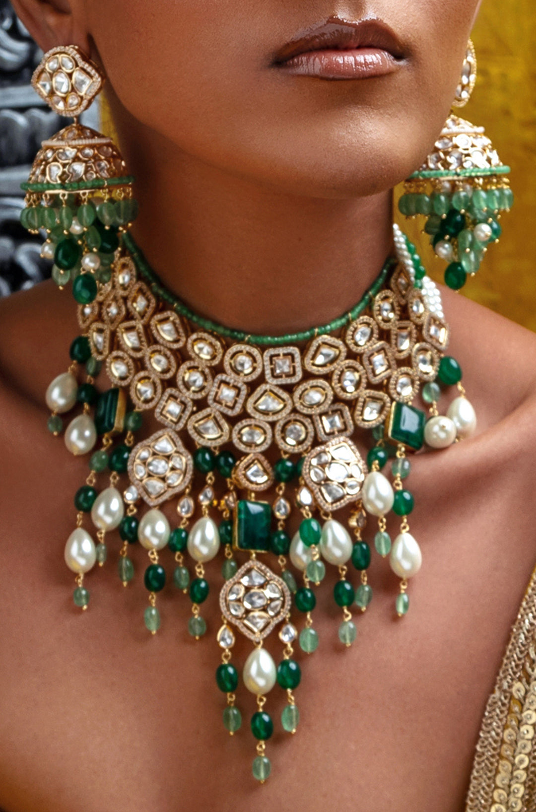 Bridal Necklace Set With Jades & Pearl Drops