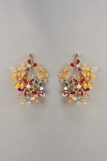 Gold Finish Multi-Colored Enameled Handcrafted Floral Hoop Earrings