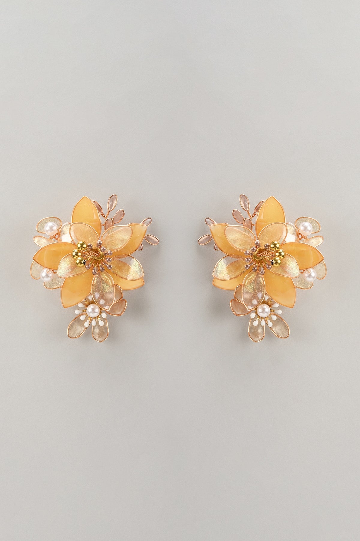 Gold Finish Pearl Yellow Enameled Handcrafted Floral Stud Earrings