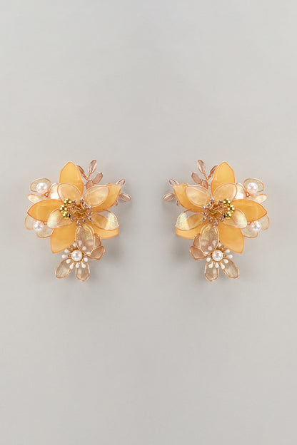 Gold Finish Pearl Yellow Enameled Handcrafted Floral Stud Earrings
