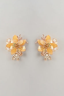 Gold Finish Pearl Yellow Enameled Handcrafted Floral Stud Earrings