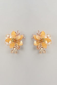 Gold Finish Pearl Yellow Enameled Handcrafted Floral Stud Earrings
