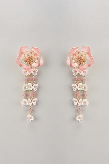 Gold Finish Pink Enameled Handcrafted Floral Dangler Earrings