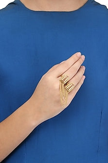 Gold Plated Old Door Motif and Leaf Sillouette Two Finger Ring