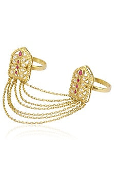 Gold Plated Old Door Motif and Leaf Sillouette Two Finger Ring