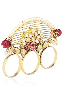 Gold Plated Wire Jali and Bird Motif Three Finger Ring