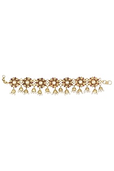 Gold Plated Red Floral Motif and Pearl Droplets Anklets