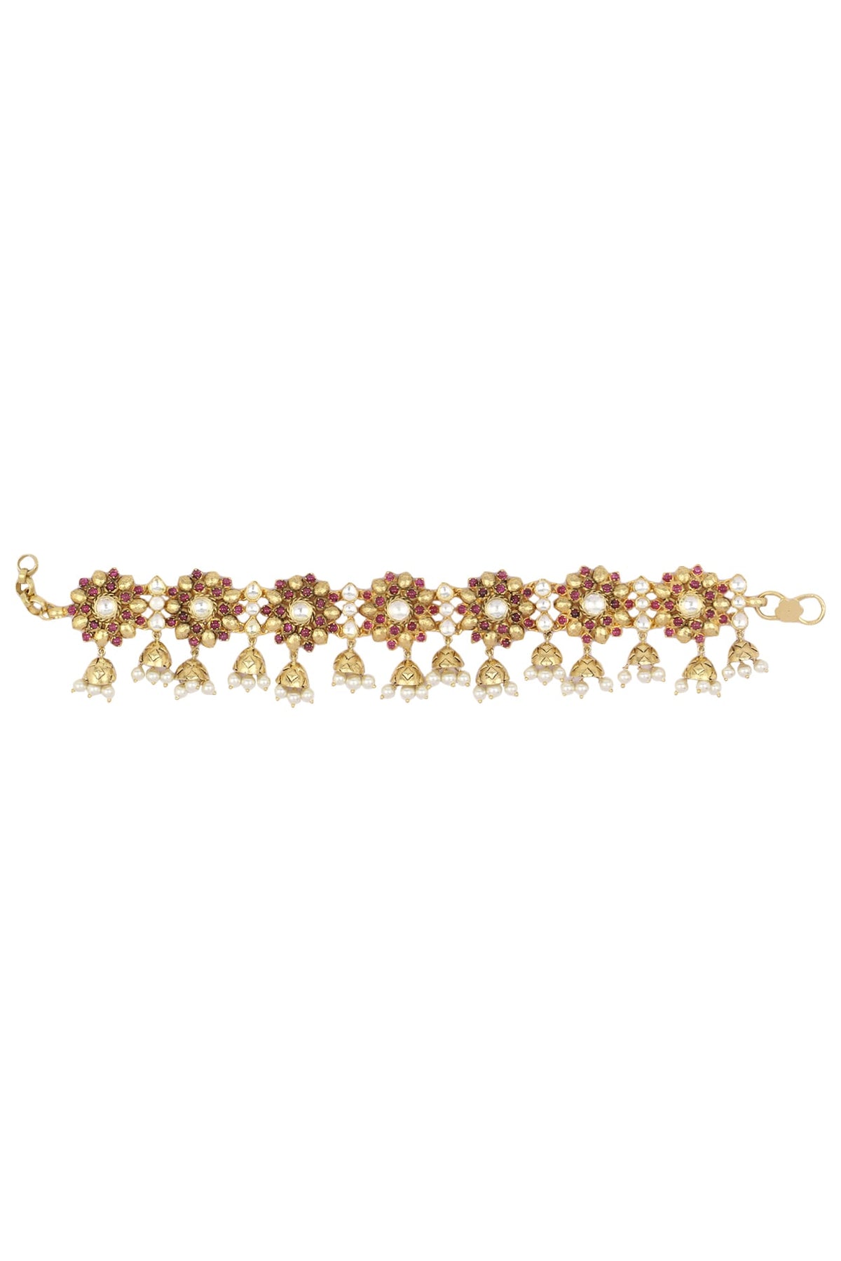 Gold Plated Red Floral Motif and Pearl Droplets Anklets
