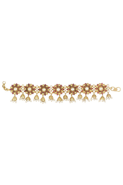 Gold Plated Red Floral Motif and Pearl Droplets Anklets