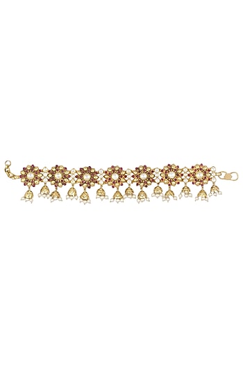 Gold Plated Red Floral Motif and Pearl Droplets Anklets