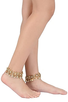 Gold Plated Red Floral Motif and Pearl Droplets Anklets