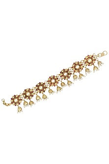 Gold Plated Red Floral Motif and Pearl Droplets Anklets