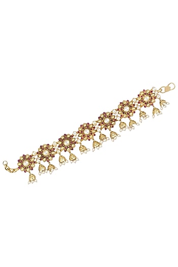 Gold Plated Red Floral Motif and Pearl Droplets Anklets