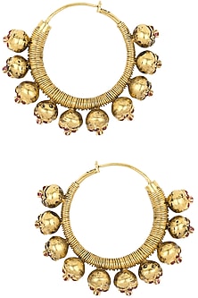 Gold Plated Red Stone Flower Motifs Hoop Earrings