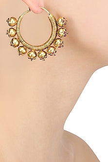 Gold Plated Red Stone Flower Motifs Hoop Earrings