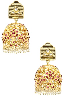 Gold Plated Red Stone Studded Jhumka Earrings