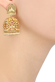 Gold Plated Red Stone Studded Jhumka Earrings