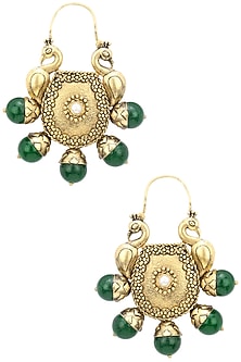 Gold Plated Double Domed Peacocks and Green Stone Earrings