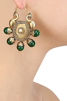 Gold Plated Double Domed Peacocks and Green Stone Earrings