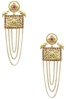Gold Plated Two Birds Rectangular Chitai Motif Long Earrings