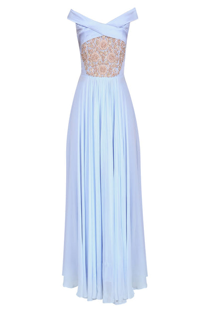 Ice Blue Embroidered Off Shoulder Anarkali Set with Embellished Choker