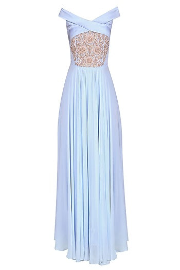 Ice Blue Embroidered Off Shoulder Anarkali Set with Embellished Choker