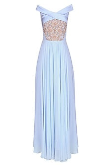 Ice Blue Embroidered Off Shoulder Anarkali Set with Embellished Choker