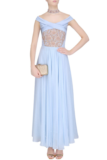 Ice Blue Embroidered Off Shoulder Anarkali Set with Embellished Choker