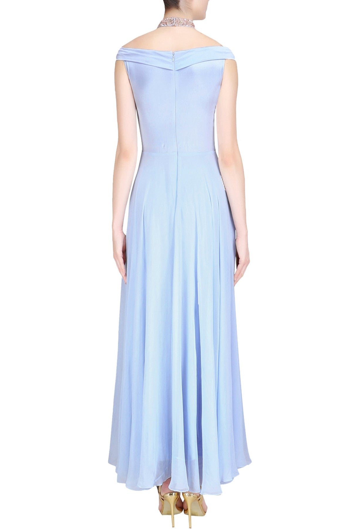 Ice Blue Embroidered Off Shoulder Anarkali Set with Embellished Choker