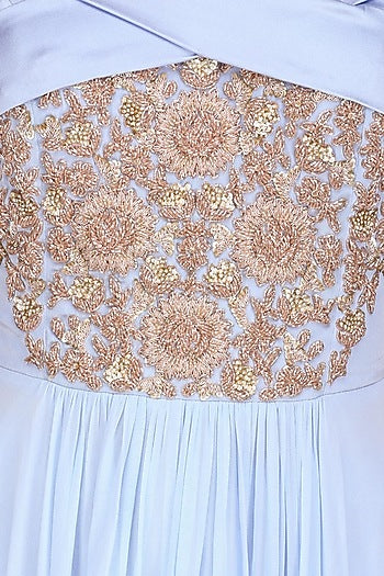 Ice Blue Embroidered Off Shoulder Anarkali Set with Embellished Choker