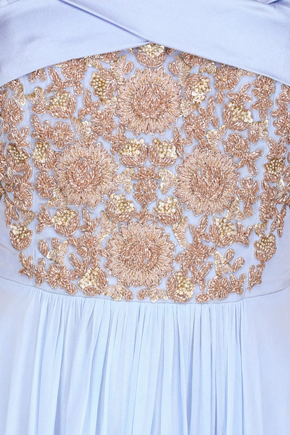 Ice Blue Embroidered Off Shoulder Anarkali Set with Embellished Choker