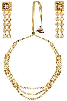 Gold Finish Sqaure Kundan Motifs Pearl String Necklace Set