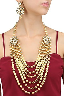 Gold Finish Bead and Pearl Flower Necklace Set