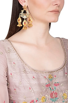 Gold Plated Red Stone Long Earrings