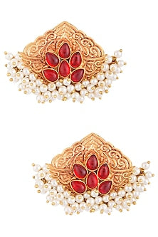 Gold Plated Pearl & Red Stone Earrings