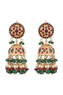 Gold Finish Emerald & Ruby Jhumka Earrings