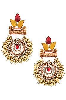 Gold Finish Textured Leaf Pattern and Beads Earrings