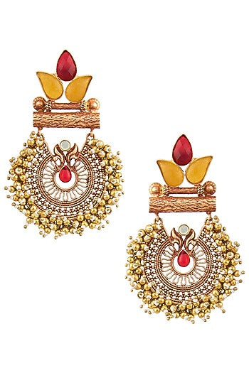 Gold Finish Textured Leaf Pattern and Beads Earrings