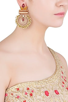 Gold Finish Textured Leaf Pattern and Beads Earrings