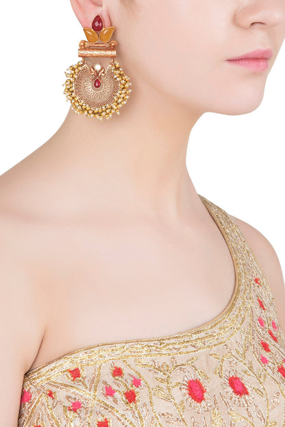 Gold Finish Textured Leaf Pattern and Beads Earrings