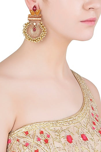 Gold Finish Textured Leaf Pattern and Beads Earrings