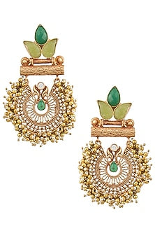 Gold Finish Textured Leaf Pattern, Green Stones and Beads Earrings