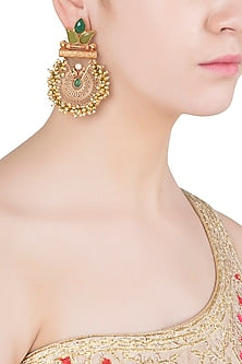 Gold Finish Textured Leaf Pattern, Green Stones and Beads Earrings