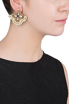 Gold Finish Textured Leaf and Pearl Stud Earrings