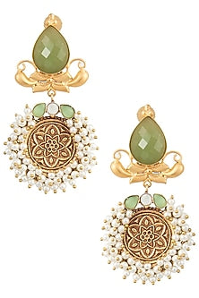 Gold Finish Textured Green Stone and Pearl Earrings