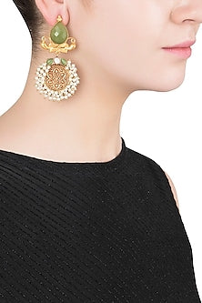 Gold Finish Textured Green Stone and Pearl Earrings