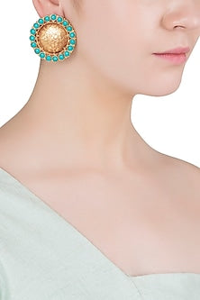 Gold Finish Textured Blue Stones Stud Earrings