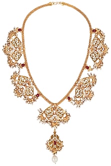 Gold Finish Red Stone and Pearls Textured Motif Necklace